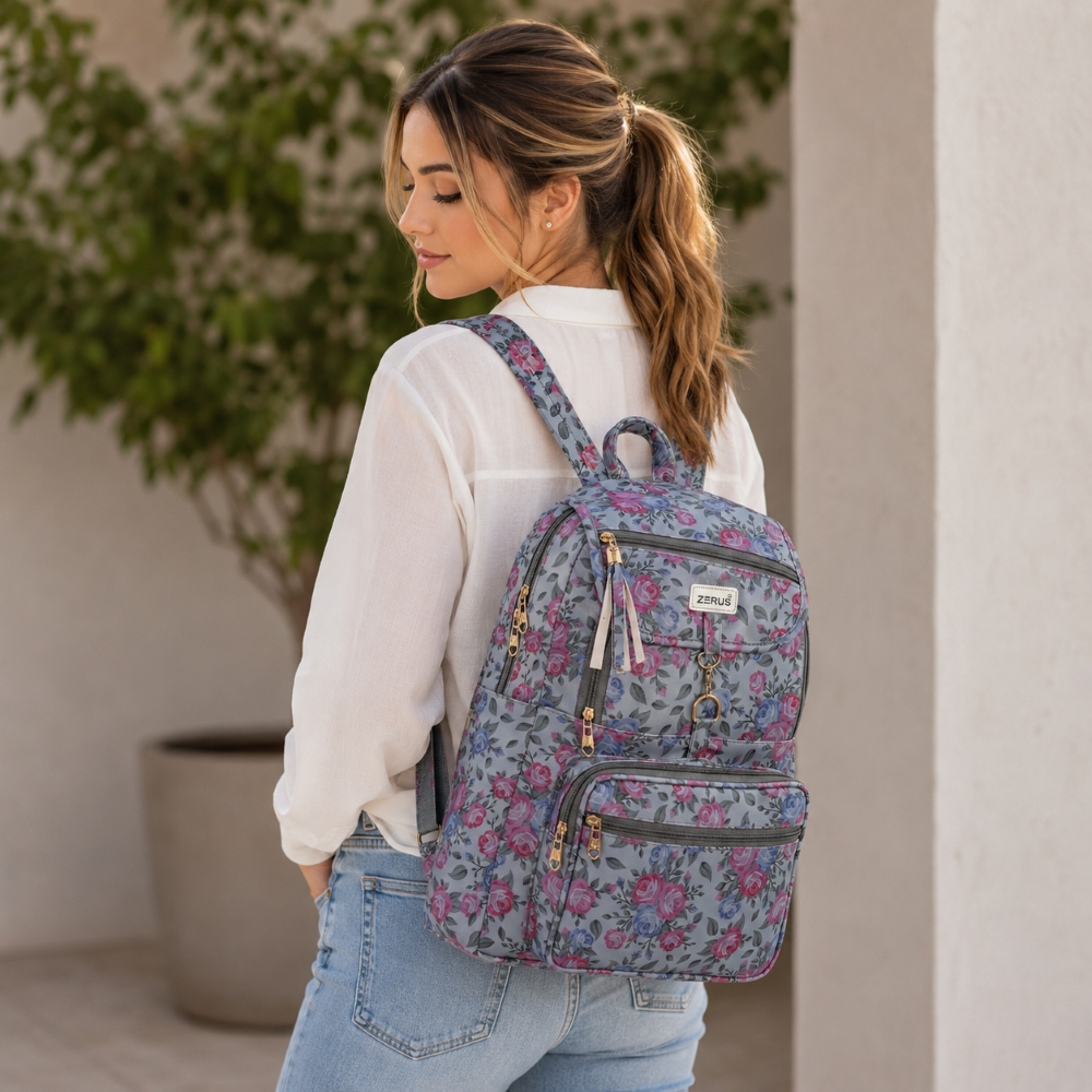 floral print casual backpack for girls women grey(1)